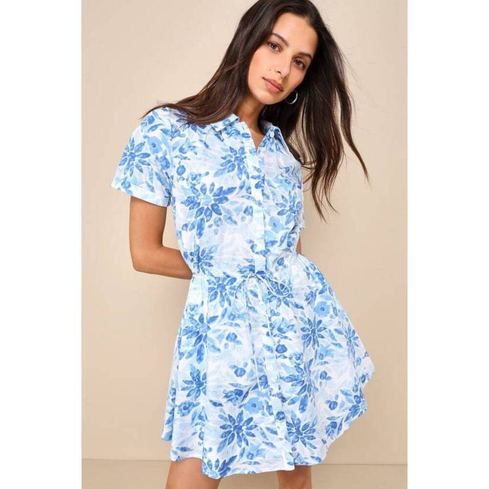 Lulus Sunny Charisma Blue Floral Button-up Mini Dress With Pockets - Size M - Picture 1 of 4